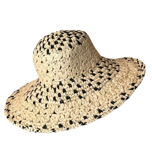 NWT Magid Hats Black & Neutral Straw Crochet Wide Brim Sun Summer Floppy Hat - Picture 4 of 12